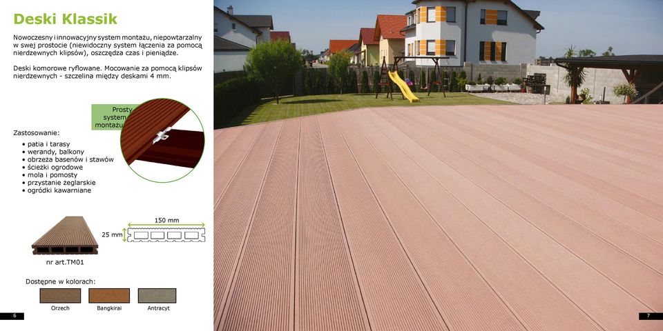 Mocowanie za pomocą klipsów nierdzewnych - szczelina między deskami 4 mm.