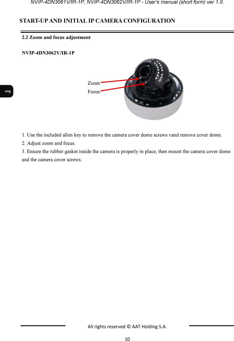 Use the included allen key to remove the camera cover dome screws vand remove cover dome. 2. Adjust zoom and focus. 3.