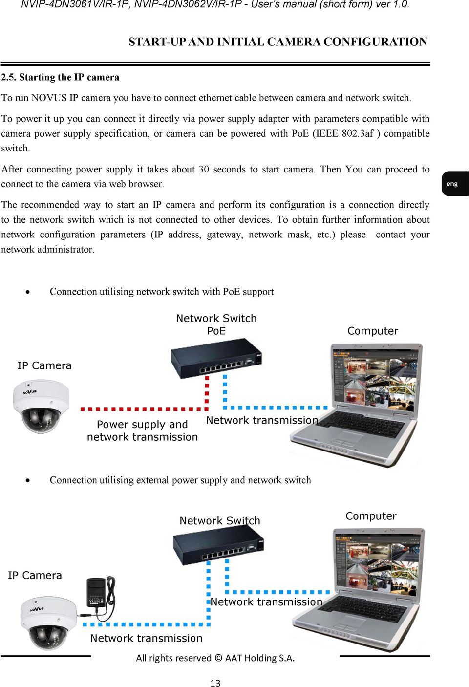 To power it up you can connect it directly via power supply adapter with parameters compatible with camera power supply specification, or camera can be powered with PoE (IEEE 802.