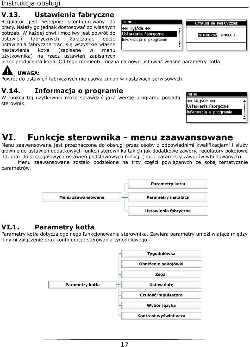 Załączając opcje ustawienia fabryczne traci się wszystkie własne nastawienia kotła (zapisane w menu użytkownika) na rzecz ustawień zapisanych przez producenta kotła.