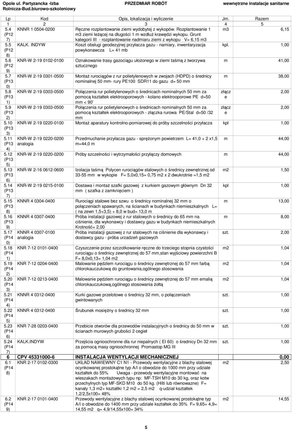 6 KNR-W 2-19 0102-0100 Oznakowanie trasy gazociągu ułoŝonego w ziemi taśmą z tworzywa m 41,00 (P12 sztucznego 5.