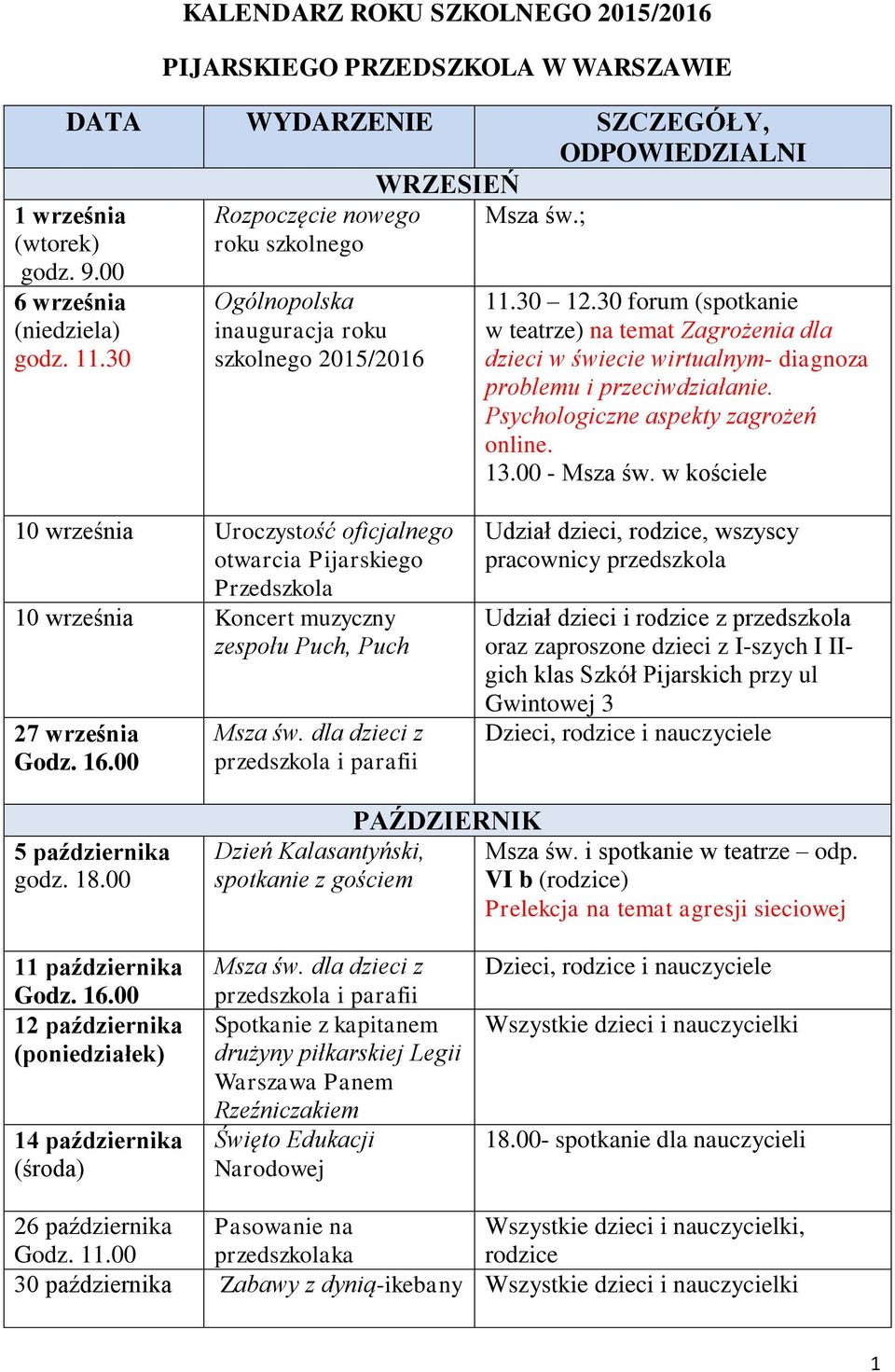 30 forum (spotkanie w teatrze) na temat Zagrożenia dla dzieci w świecie wirtualnym- diagnoza problemu i przeciwdziałanie. Psychologiczne aspekty zagrożeń online. 13.00 - Msza św.