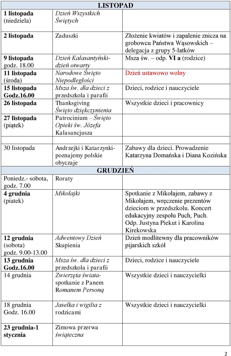 00 26 listopada Thanksgiving Wszystkie dzieci i pracownicy 27 listopada (piątek) Święto dziękczynienia Patrocinium Święto Opieki św.