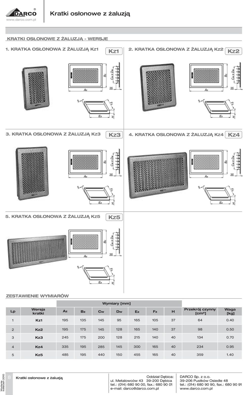 KRATKA SŁNA Z ŻALUZJĄ KZ5 KZ5 ZESTAIENIE YMIARÓ ymiary [mm] Lp ersja kratki Az Bz Cw Dw Ez Fz H Przekrój czynny [cm²] aga [kg] 1 Kz1 195 135 145 95 165 15 37 64.