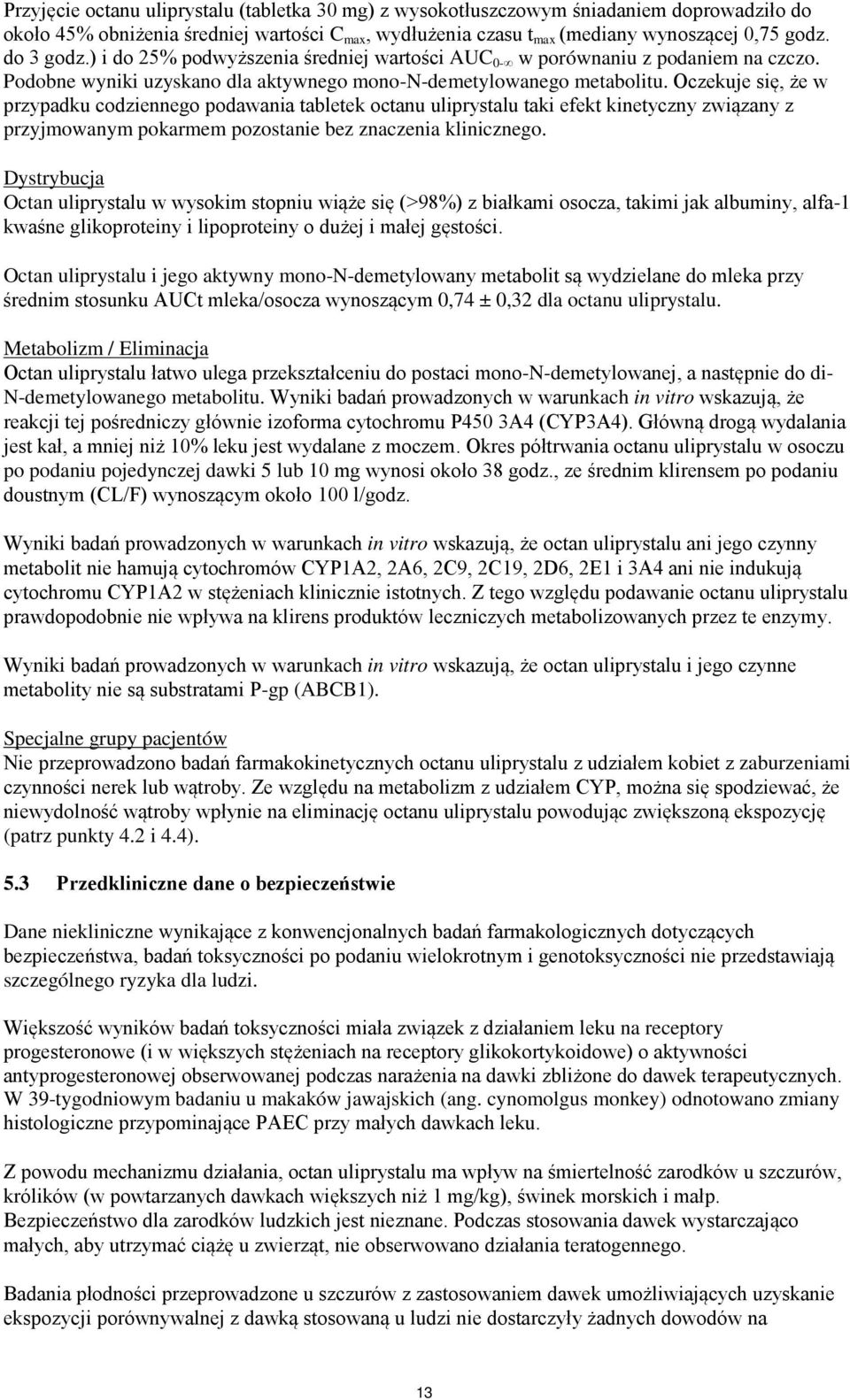 Oczekuje się, że w przypadku codziennego podawania tabletek octanu uliprystalu taki efekt kinetyczny związany z przyjmowanym pokarmem pozostanie bez znaczenia klinicznego.