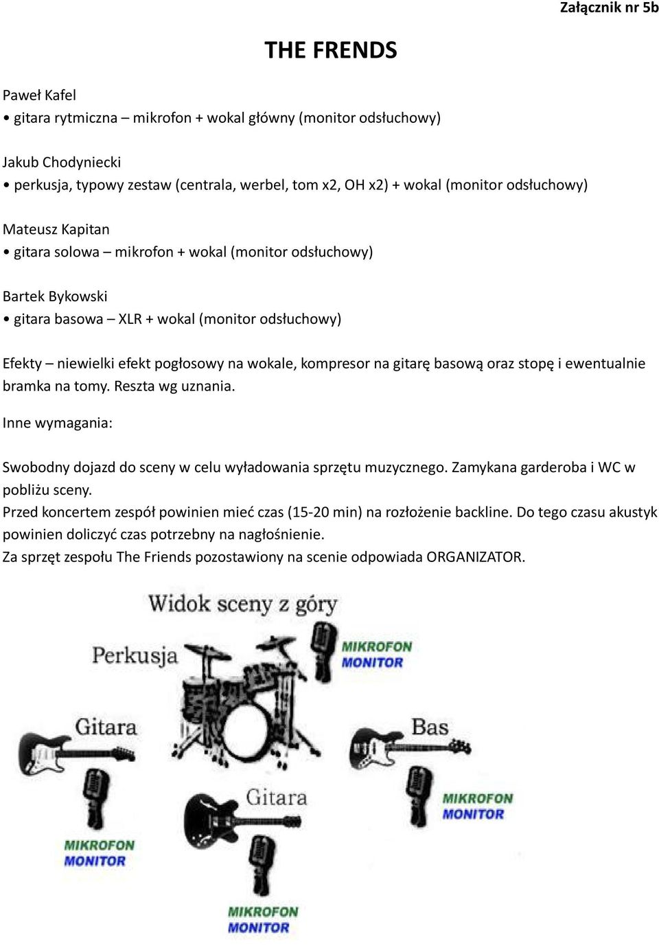 gitarę basową oraz stopę i ewentualnie bramka na tomy. Reszta wg uznania. Inne wymagania: Swobodny dojazd do sceny w celu wyładowania sprzętu muzycznego. Zamykana garderoba i WC w pobliżu sceny.