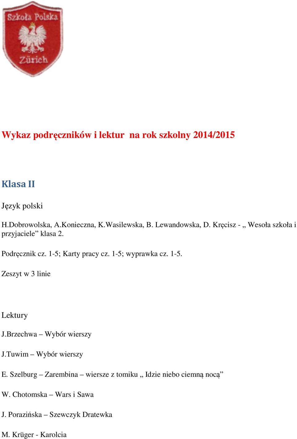 1-5; wyprawka cz. 1-5. Zeszyt w 3 linie Lektury J.Brzechwa Wybór wierszy J.Tuwim Wybór wierszy E.