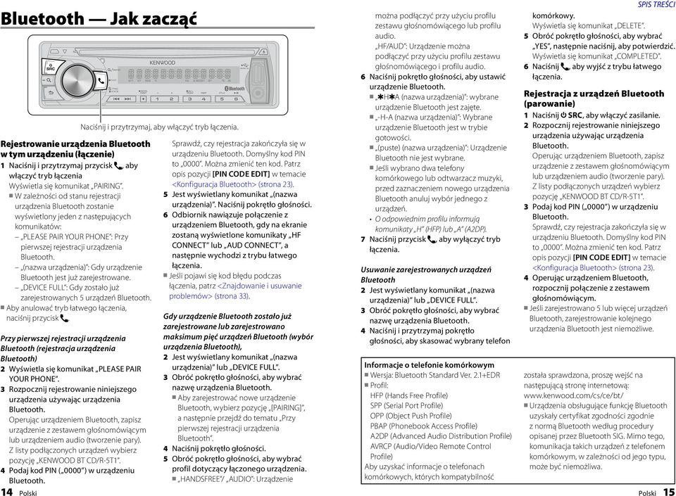 (nazwa urządzenia) : Gdy urządzenie Bluetooth jest już zarejestrowane. DEVICE FULL : Gdy zostało już zarejestrowanych 5 urządzeń Bluetooth. Aby anulować tryb łatwego łączenia, naciśnij przycisk.
