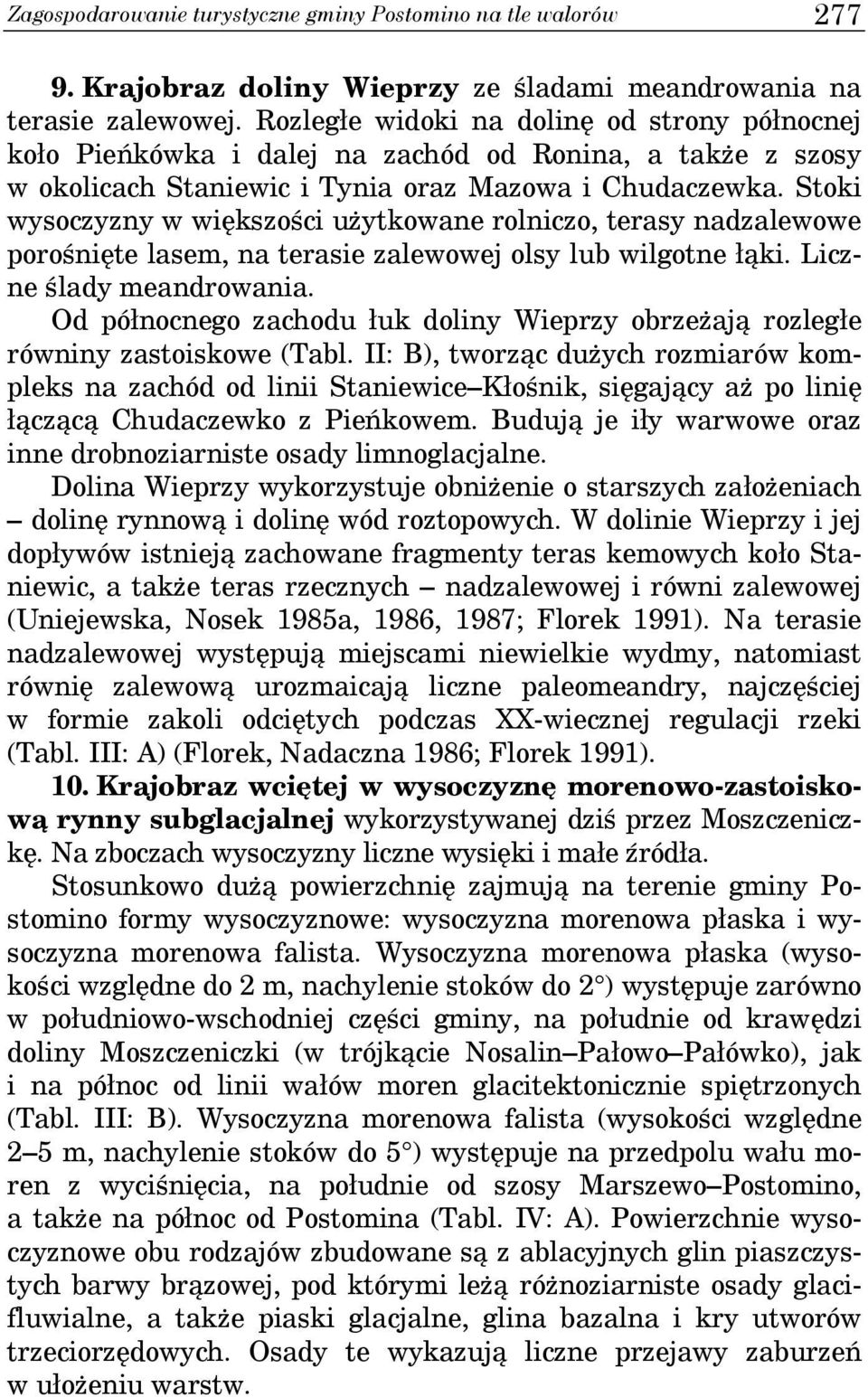 Stoki wysoczyzny w większości użytkowane rolniczo, terasy nadzalewowe porośnięte lasem, na terasie zalewowej olsy lub wilgotne łąki. Liczne ślady meandrowania.