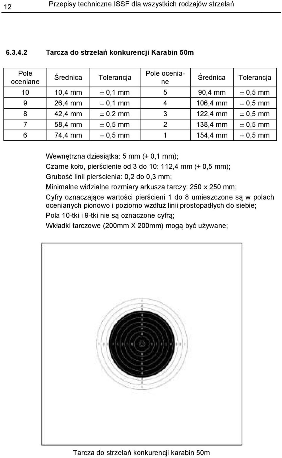 mm ± 0,2 mm 3 122,4 mm ± 0,5 mm 7 58,4 mm ± 0,5 mm 2 138,4 mm ± 0,5 mm 6 74,4 mm ± 0,5 mm 1 154,4 mm ± 0,5 mm Wewnętrzna dziesiątka: 5 mm (± 0,1 mm); Czarne koło, pierścienie od 3 do 10: 112,4 mm (±