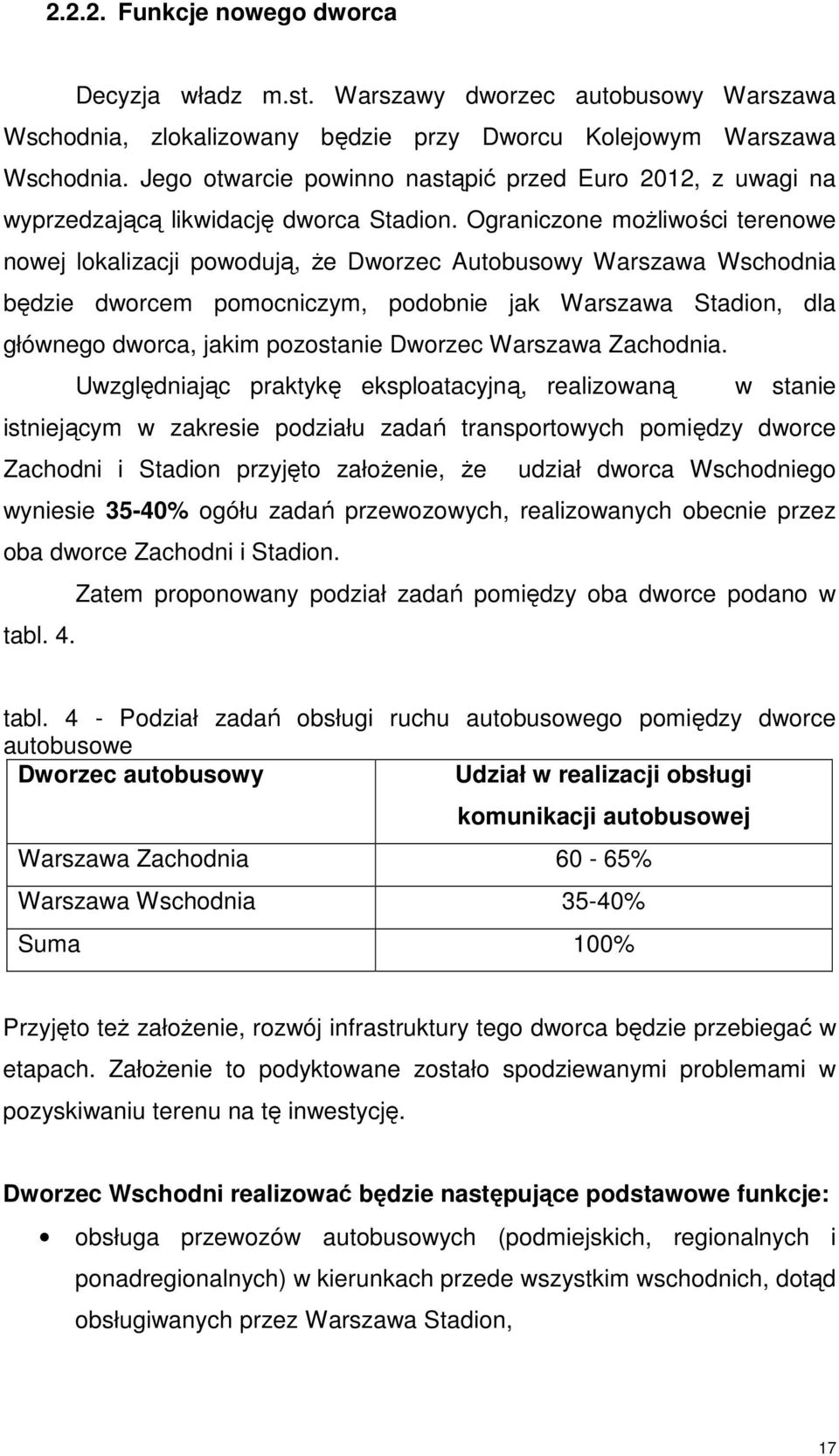 Ograniczone możliwości terenowe nowej lokalizacji powodują, że Dworzec Autobusowy Warszawa Wschodnia będzie dworcem pomocniczym, podobnie jak Warszawa Stadion, dla głównego dworca, jakim pozostanie