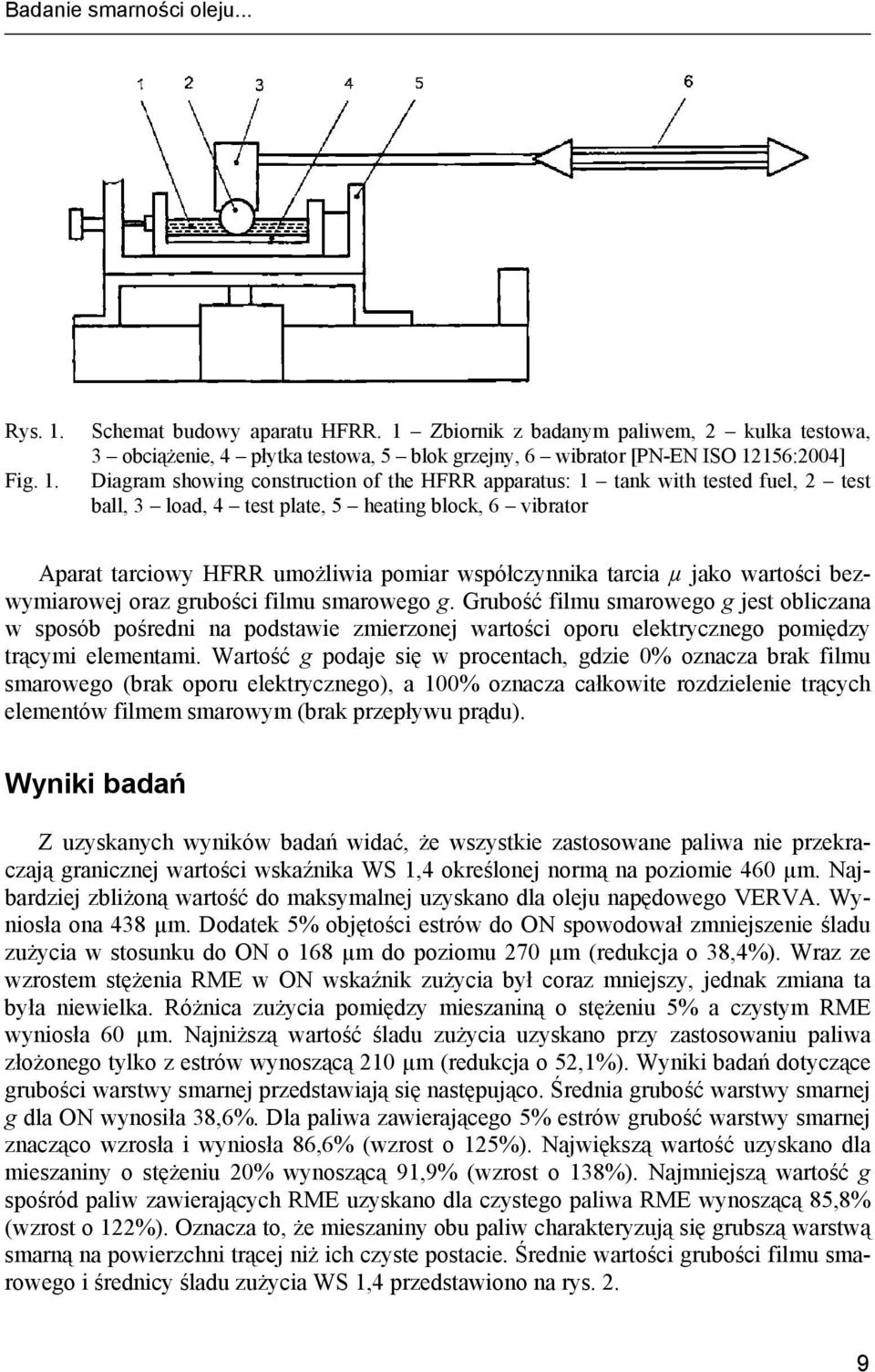fuel, 2 test ball, 3 load, 4 test plate, 5 heating block, 6 vibrator Aparat tarciowy HFRR umożliwia pomiar współczynnika tarcia µ jako wartości bezwymiarowej oraz grubości filmu smarowego g.