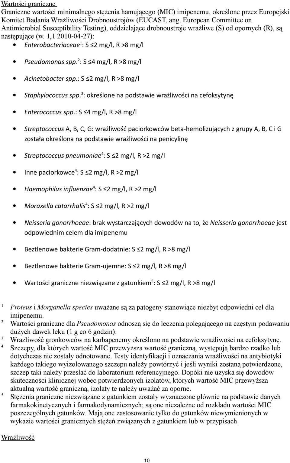 1,1 2010-04-27): Enterobacteriaceae 1 : S 2 mg/l, R >8 mg/l Pseudomonas spp. 2 : S 4 mg/l, R >8 mg/l Acinetobacter spp.: S 2 mg/l, R >8 mg/l Staphylococcus spp.