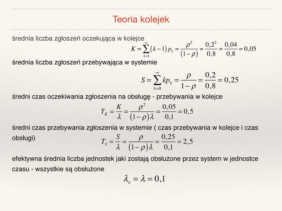 efektywna średnia liczba jednostek jaki zostają obsłużone przez system w jednostce czasu - wszystkie są obsłużone T K = K λ = ρ 2 T S =