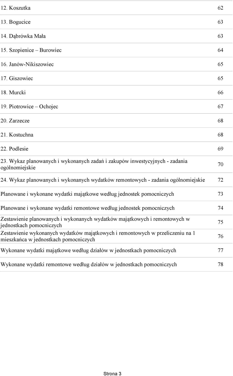 Wykaz planowanych i wykonanych wydatków remontowych - zadania 72 Planowane i wykonane wydatki majątkowe według jednostek pomocniczych 73 Planowane i wykonane wydatki remontowe według jednostek