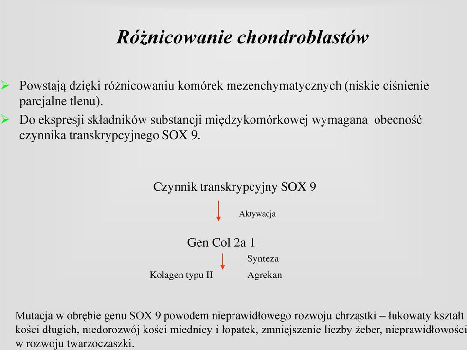 Czynnik transkrypcyjny SOX 9 Aktywacja Gen Col 2a 1 Synteza Kolagen typu II Agrekan Mutacja w obrębie genu SOX 9 powodem