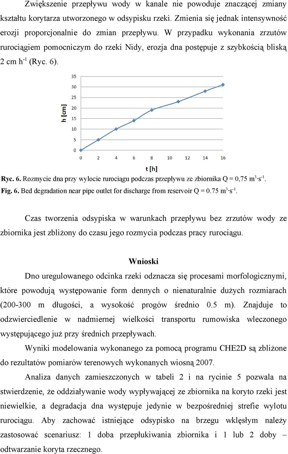 . Ryc. 6. Rozmycie dna przy wylocie rurociągu podczas przepływu ze zbiornika Q = 0,75 m 3 s -1.