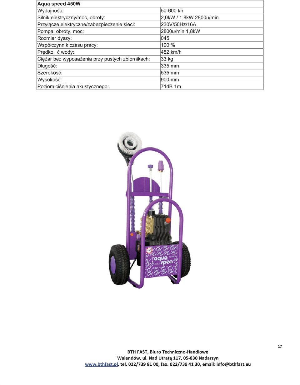 230V/50Hz/16A 2800u/min 1,8kW Rozmiar dyszy: 045 Prędko ć wody: 452