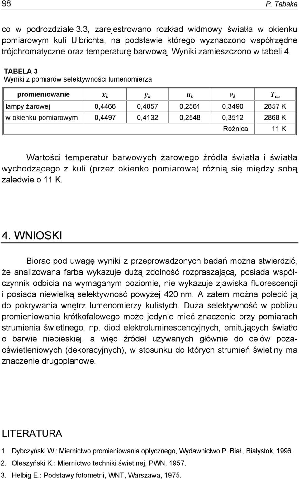 TABELA 3 Wyniki z pomiarów selektywności lumenomierza promieniowanie x k y k u k v k T cn lampy żarowej 0,4466 0,4057 0,2561 0,3490 2857 K w okienku pomiarowym 0,4497 0,4132 0,2548 0,3512 2868 K