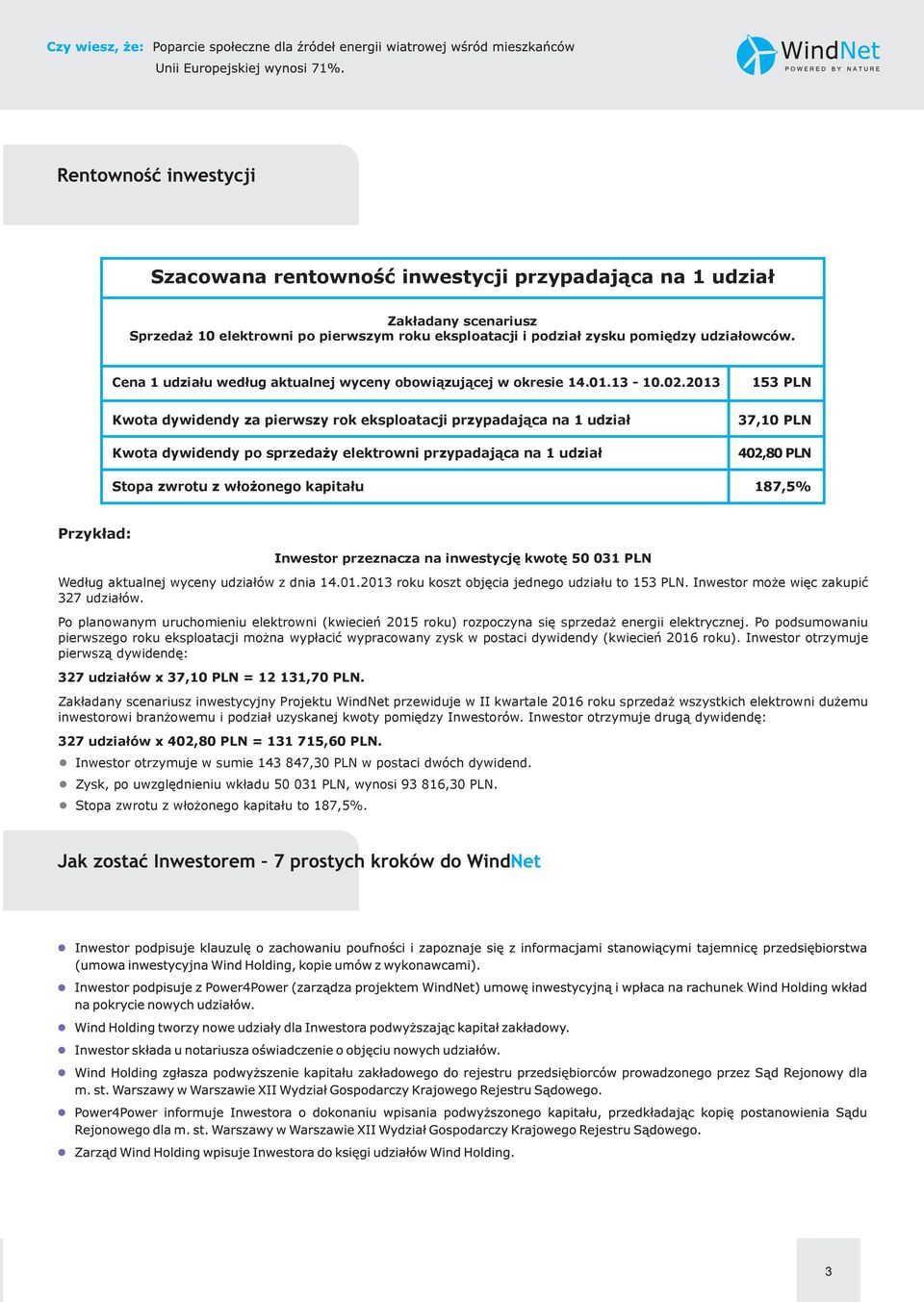 2013 Kwota dywidendy za pierwszy rok eksploatacji przypadająca na 1 udział Kwota dywidendy po sprzedaży elektrowni przypadająca na 1 udział 153 PLN 37,10 PLN 402,80 PLN Stopa zwrotu z włożonego