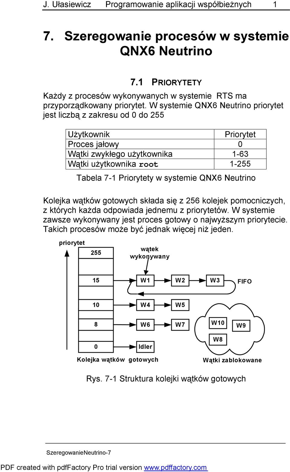 QNX6 Neutrino Kolejka wątków gotowych składa się z 256 kolejek pomocniczych, z których każda odpowiada jednemu z priorytetów. W systemie zawsze wykonywany jest proces gotowy o najwyższym priorytecie.