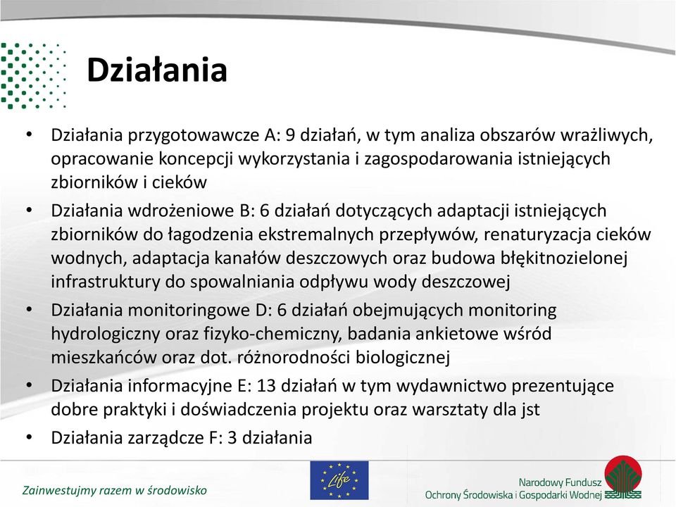 infrastruktury do spowalniania odpływu wody deszczowej Działania monitoringowe D: 6 działań obejmujących monitoring hydrologiczny oraz fizyko-chemiczny, badania ankietowe wśród mieszkańców oraz