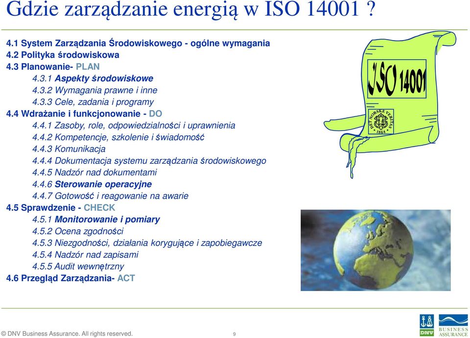 4.5 Nadzór nad dokumentami 4.4.6 Sterowanie operacyjne 4.4.7 Gotowość i reagowanie na awarie 4.5 Sprawdzenie - CHECK 4.5.1 Monitorowanie i pomiary 4.5.2 Ocena zgodności 4.5.3 Niezgodności, działania korygujące i zapobiegawcze 4.