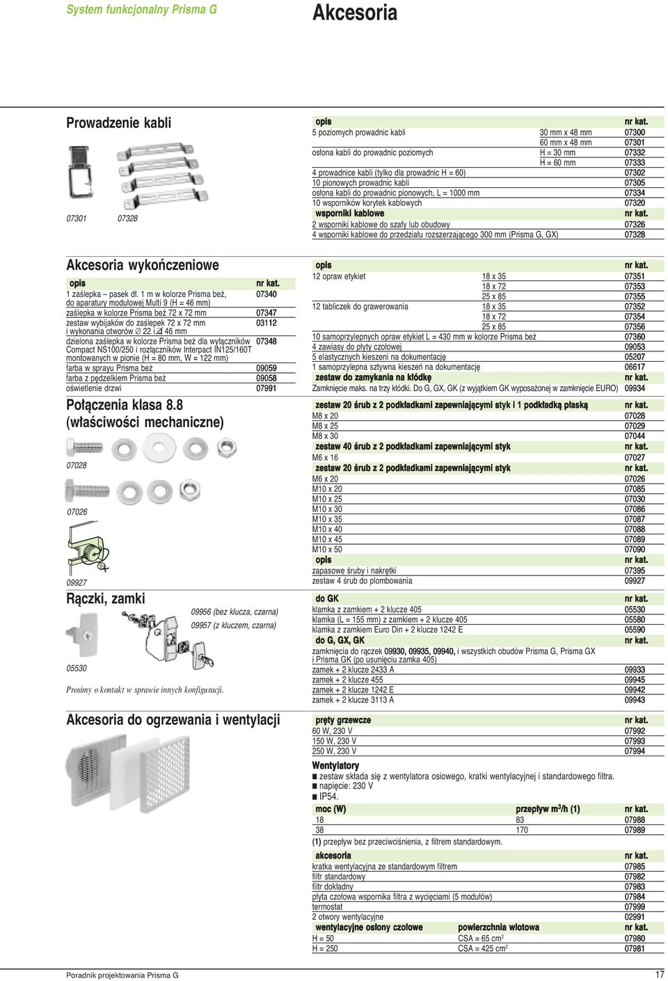 wsporniki kablowe 2 wsporniki kablowe do szafy lub obudowy 07326 4 wsporniki kablowe do przedzia u rozszerzajàcego 300 mm (Prisma G, GX) 07328 055032 E58666 E56304 024710d(BT) Akcesoria wykoƒczeniowe