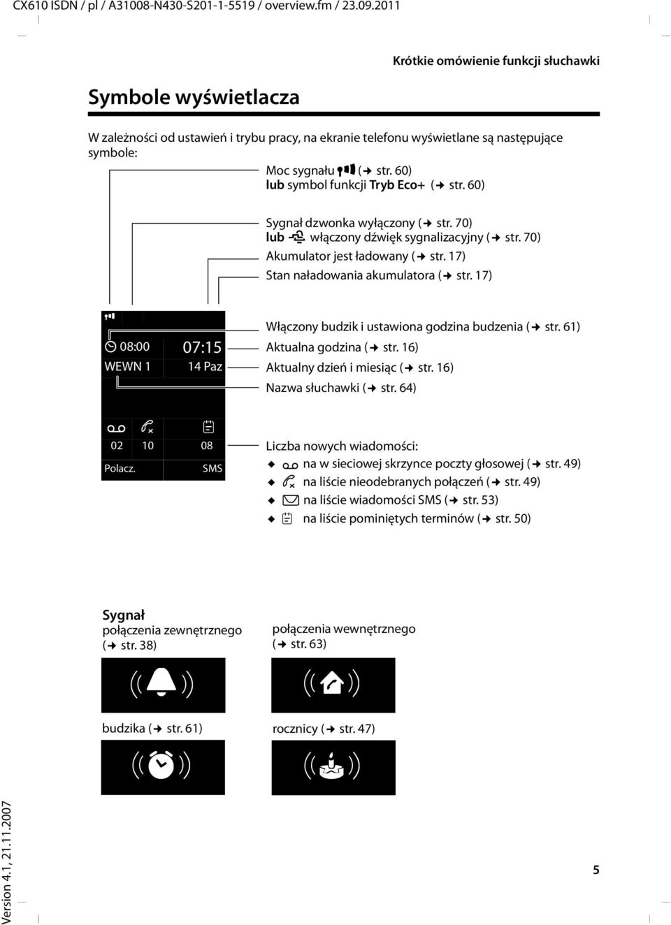 60) lub symbol funkcji Tryb Eco+ ( str. 60) Sygnał dzwonka wyłączony ( str. 70) lub ñ włączony dźwięk sygnalizacyjny ( str. 70) Akumulator jest ładowany ( str. 17) Stan naładowania akumulatora ( str.