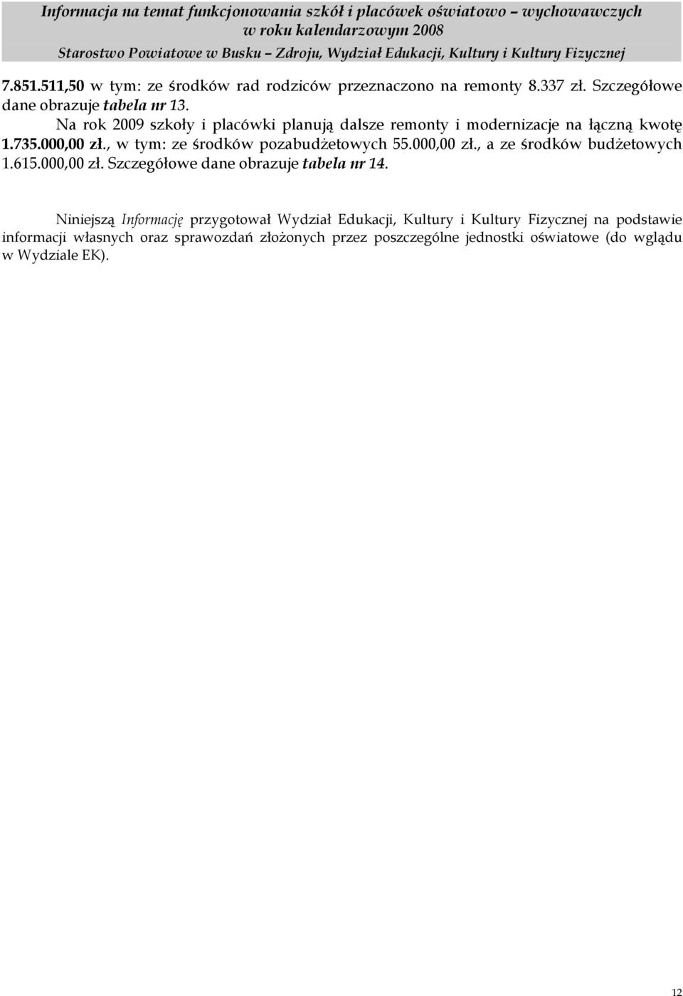 , w tym: ze środków pozabudżetowych 55.000,00 zł., a ze środków budżetowych 1.615.000,00 zł. Szczegółowe dane obrazuje tabela nr 14.