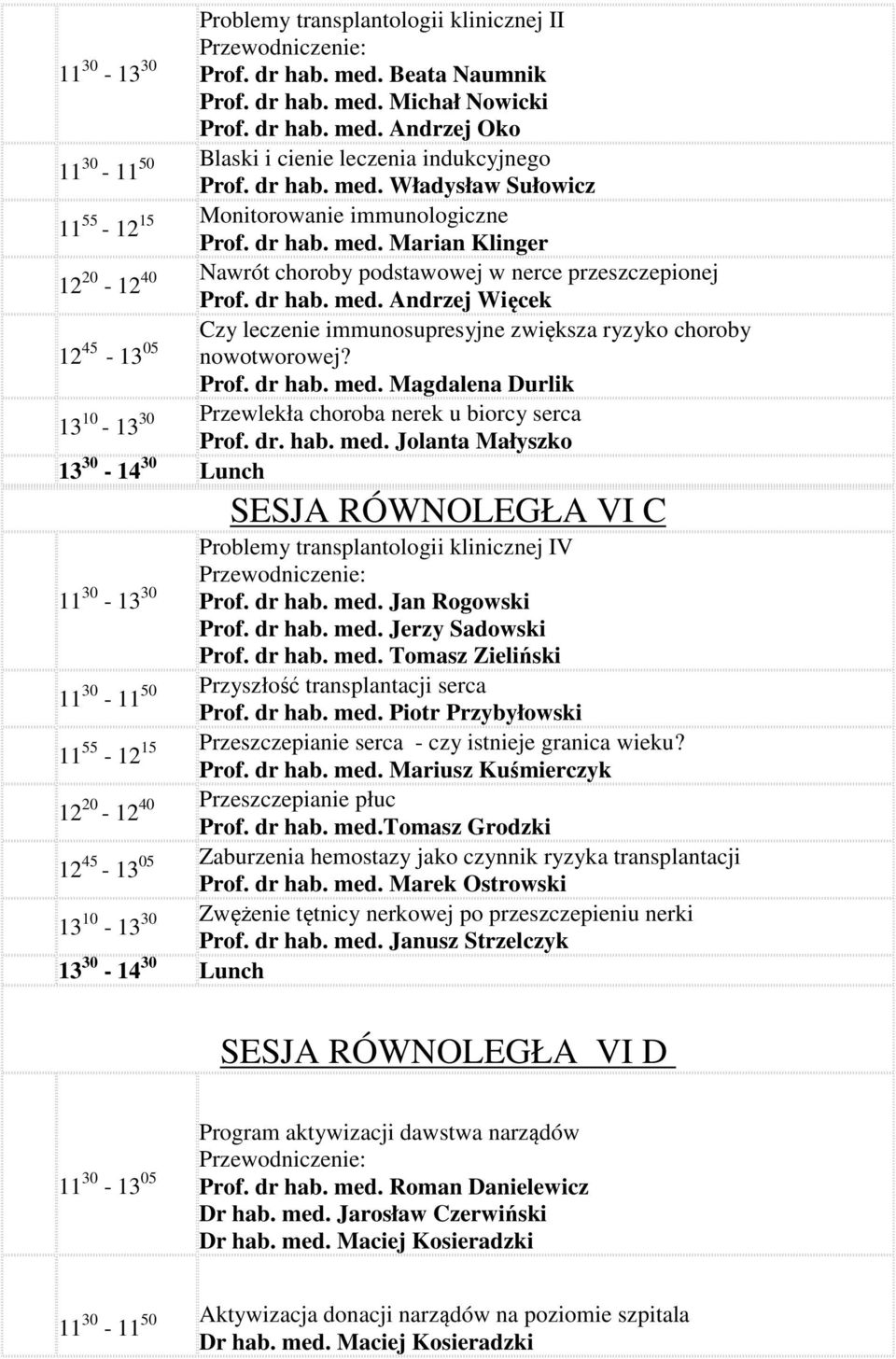 Prof. dr hab. med. Magdalena Durlik 13 10-13 30 Przewlekła choroba nerek u biorcy serca Prof. dr. hab. med. Jolanta Małyszko 13 30-14 30 Lunch SESJA RÓWNOLEGŁA VI C Problemy transplantologii klinicznej IV 11 30-13 30 Prof.