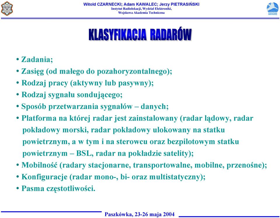 ulokowany na statku powietrznym, a w tym i na sterowcu oraz bezpilotowym statku powietrznym BSL, radar na pokładzie satelity);