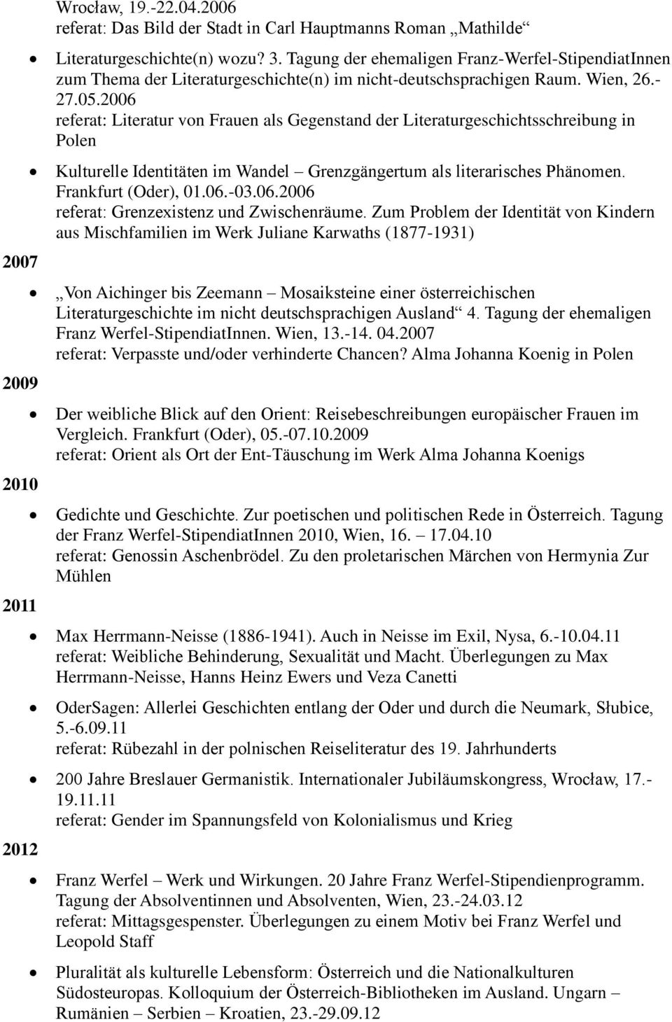 2006 referat: Literatur von Frauen als Gegenstand der Literaturgeschichtsschreibung in Polen Kulturelle Identitäten im Wandel Grenzgängertum als literarisches Phänomen. Frankfurt (Oder), 01.06.-03.06.2006 referat: Grenzexistenz und Zwischenräume.