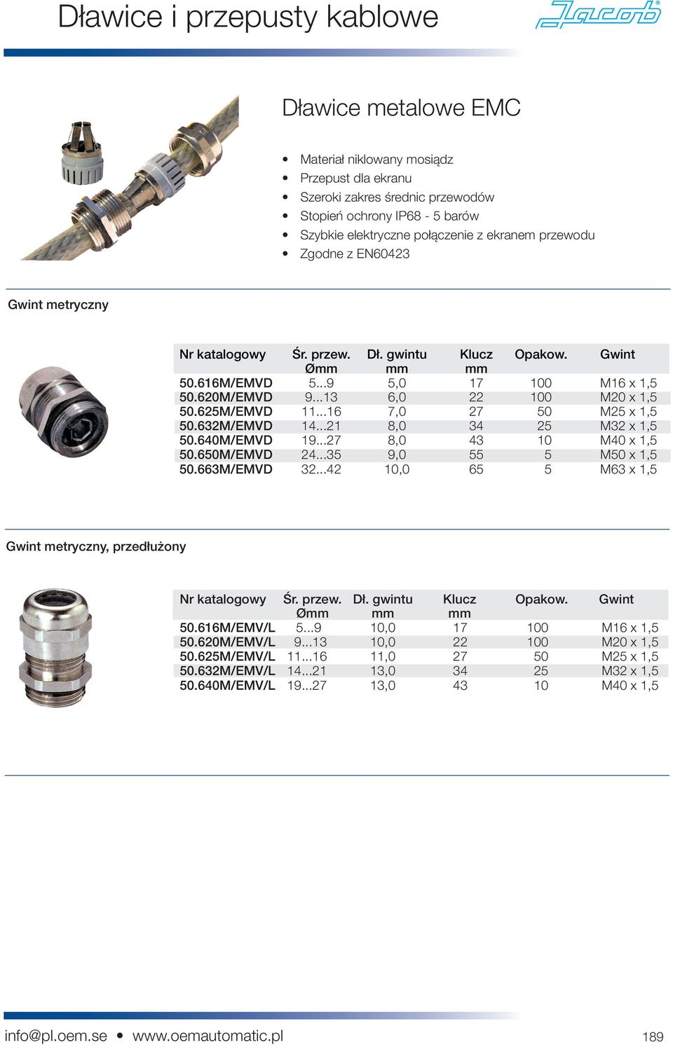 ..21 8,0 34 25 M32 x 1,5 50.640M/EMVD 19...27 8,0 43 10 M40 x 1,5 50.650M/EMVD 24...35 9,0 55 5 M50 x 1,5 50.663M/EMVD 32...42 10,0 65 5 M63 x 1,5 Gwint metryczny, przedłużony Nr katalogowy Śr. przew.