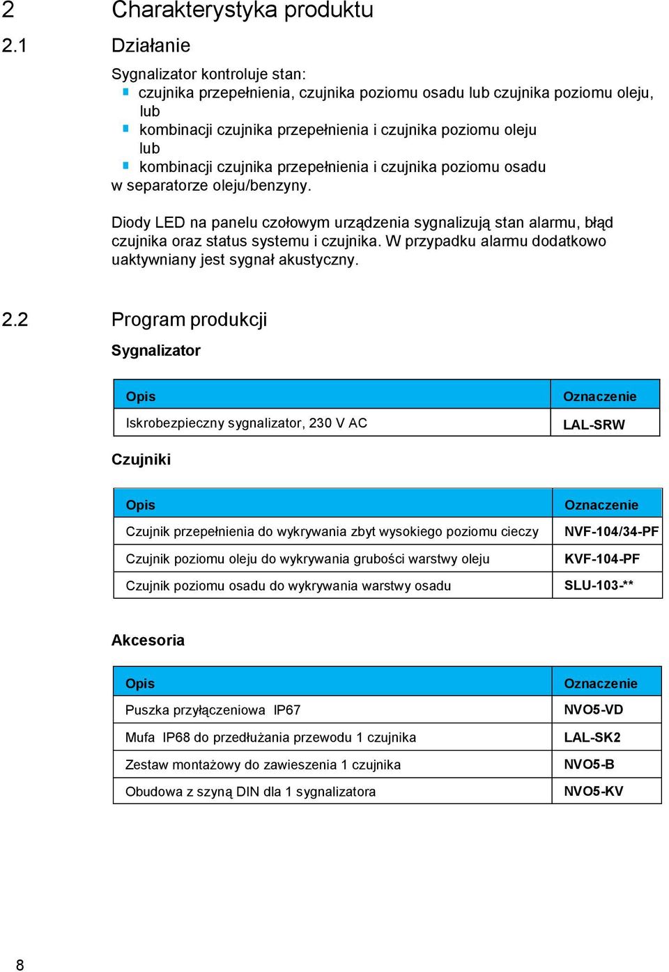 czujnika przepełnienia i czujnika poziomu osadu w separatorze oleju/benzyny. Diody LED na panelu czołowym urządzenia sygnalizują stan alarmu, błąd czujnika oraz status systemu i czujnika.