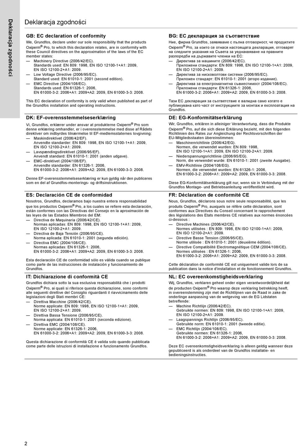 Standards used: EN 809: 1998, EN ISO 12100-1+A1: 2009, EN ISO 12100-2+A1: 2009. Low Voltage Directive (2006/95/EC). Standard used: EN 61010-1: 2001 (second edition). EMC Directive (2004/108/EC).