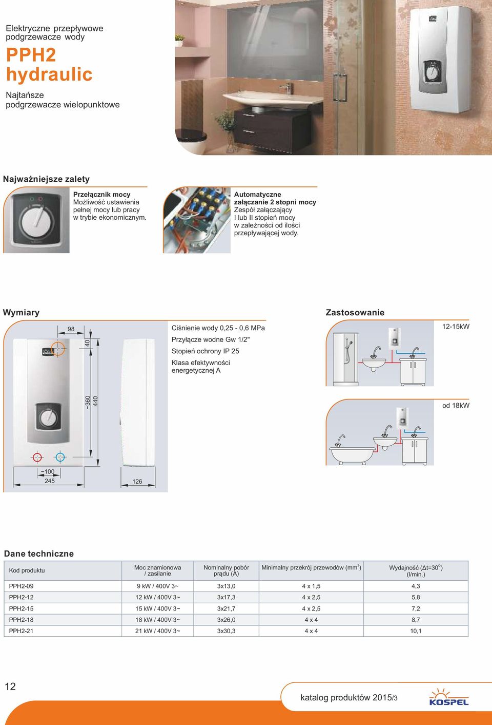 Wymiary 98 40 Ciśnienie wody 0,5-0,6 MPa Przyłącze wodne Gw 1/" Stopień ochrony IP 5 Klasa efektywności energetycznej A Zastosowanie 1-15kW 440 ~60 od 18kW ~100 45 16 Dane techniczne Moc znamionowa /
