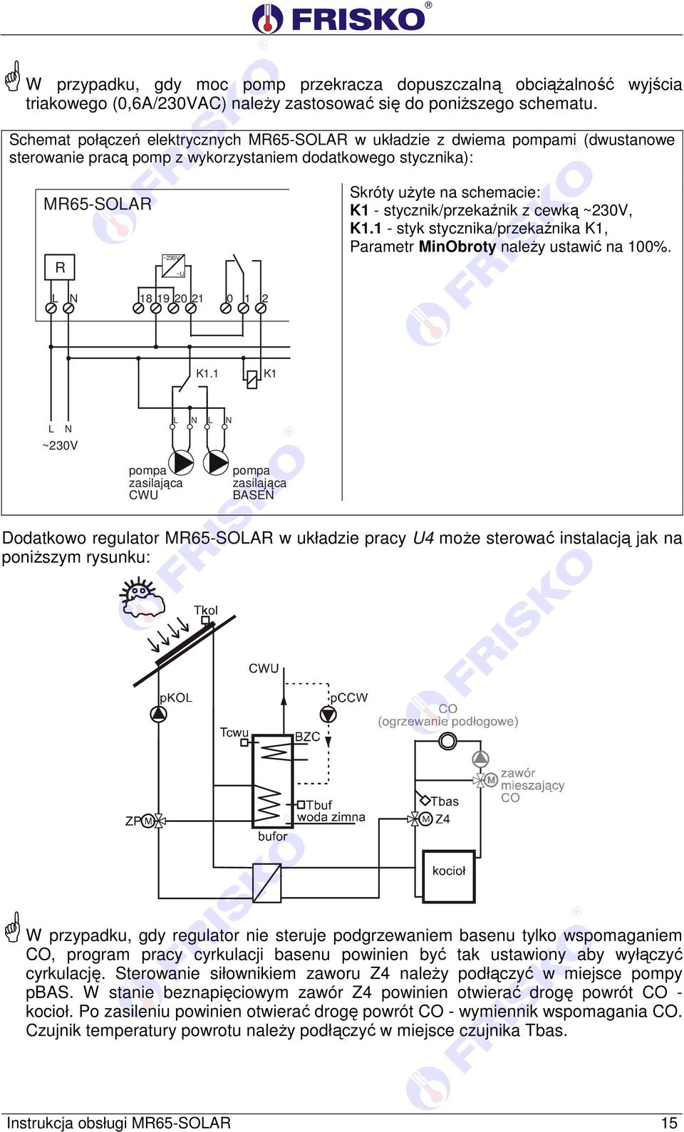 stycznik/przekaźnik z cewką, K1.1 - styk stycznika/przekaźnika K1, Parametr MinObroty należy ustawić na 100%. L N 18 19 20 21 0 1 2 K1.