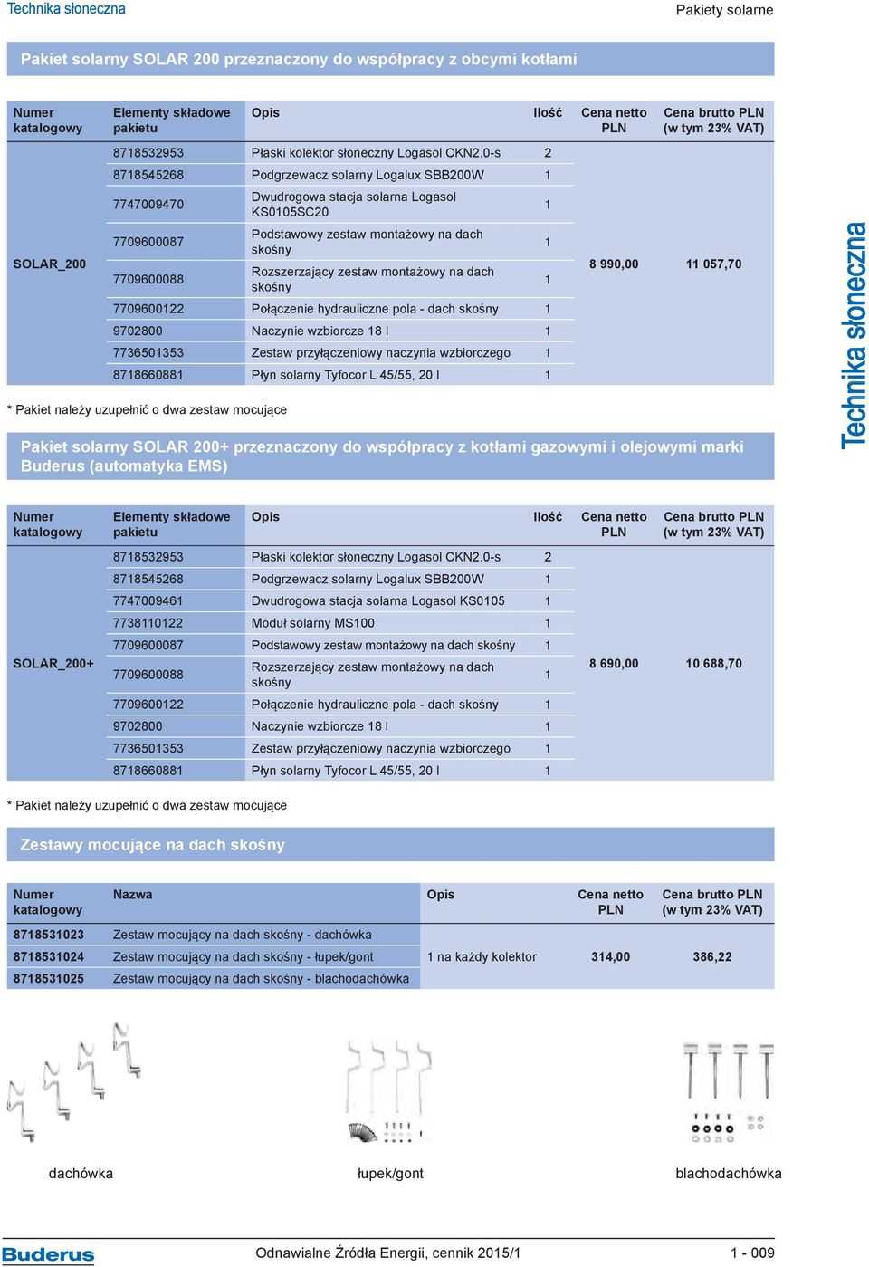 0-s 2 8718545268 Podgrzewacz solarny Logalux SBB200W 1 7747009470 Dwudrogowa stacja solarna Logasol KS0105SC20 1 7709600087 Podstawowy zestaw montażowy na dach skośny 1 7709600088 Rozszerzający