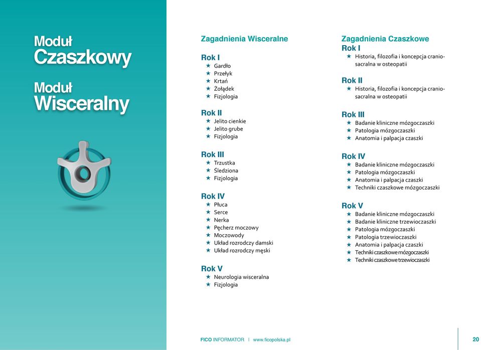 osteopatii Rok II Historia, filozofia i koncepcja craniosacralna w osteopatii Rok III Badanie kliniczne mózgoczaszki Patologia mózgoczaszki Anatomia i palpacja czaszki Rok IV Badanie kliniczne