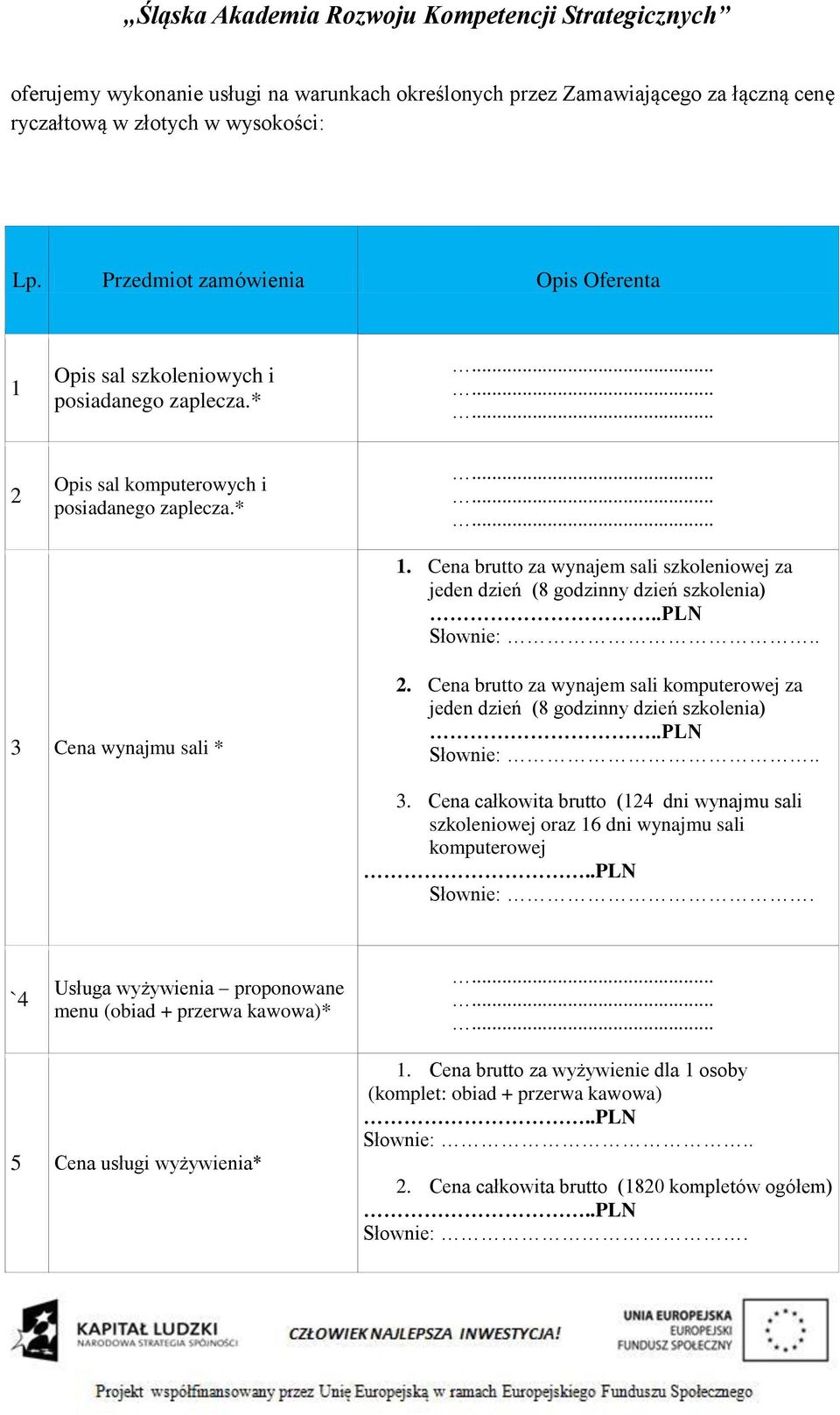 Cena brutto za wynajem sali szkoleniowej za jeden dzień (8 godzinny dzień szkolenia)..pln Słownie:.. 3 Cena wynajmu sali * 2.