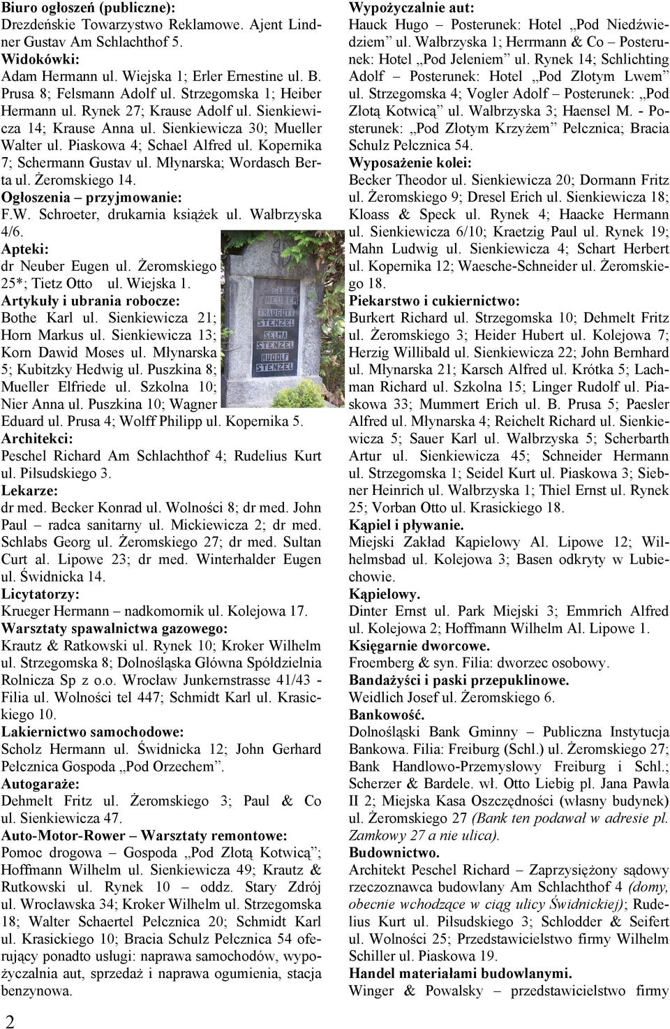 Młynarska; Wordasch Berta ul. Żeromskiego 14. Ogłoszenia przyjmowanie: F.W. Schroeter, drukarnia książek ul. Wałbrzyska 4/6. Apteki: dr Neuber Eugen ul. Żeromskiego 25*; Tietz Otto ul. Wiejska 1.