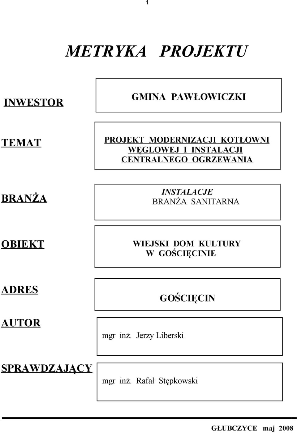 BRANŻA SANITARNA OBIEKT WIEJSKI DOM KULTURY W GOŚCIĘCINIE ADRES AUTOR mgr
