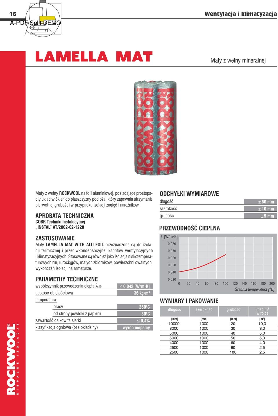 APROBATA TECHNICZNA COBR Techniki Instalacyjnej INSTAL AT/00-0-8 ZASTOSOWANIE Maty LAMELLA MAT WITH ALU FOIL przeznaczone są do izolacji termicznej i przeciwkondensacyjnej kanałów wentylacyjnych i