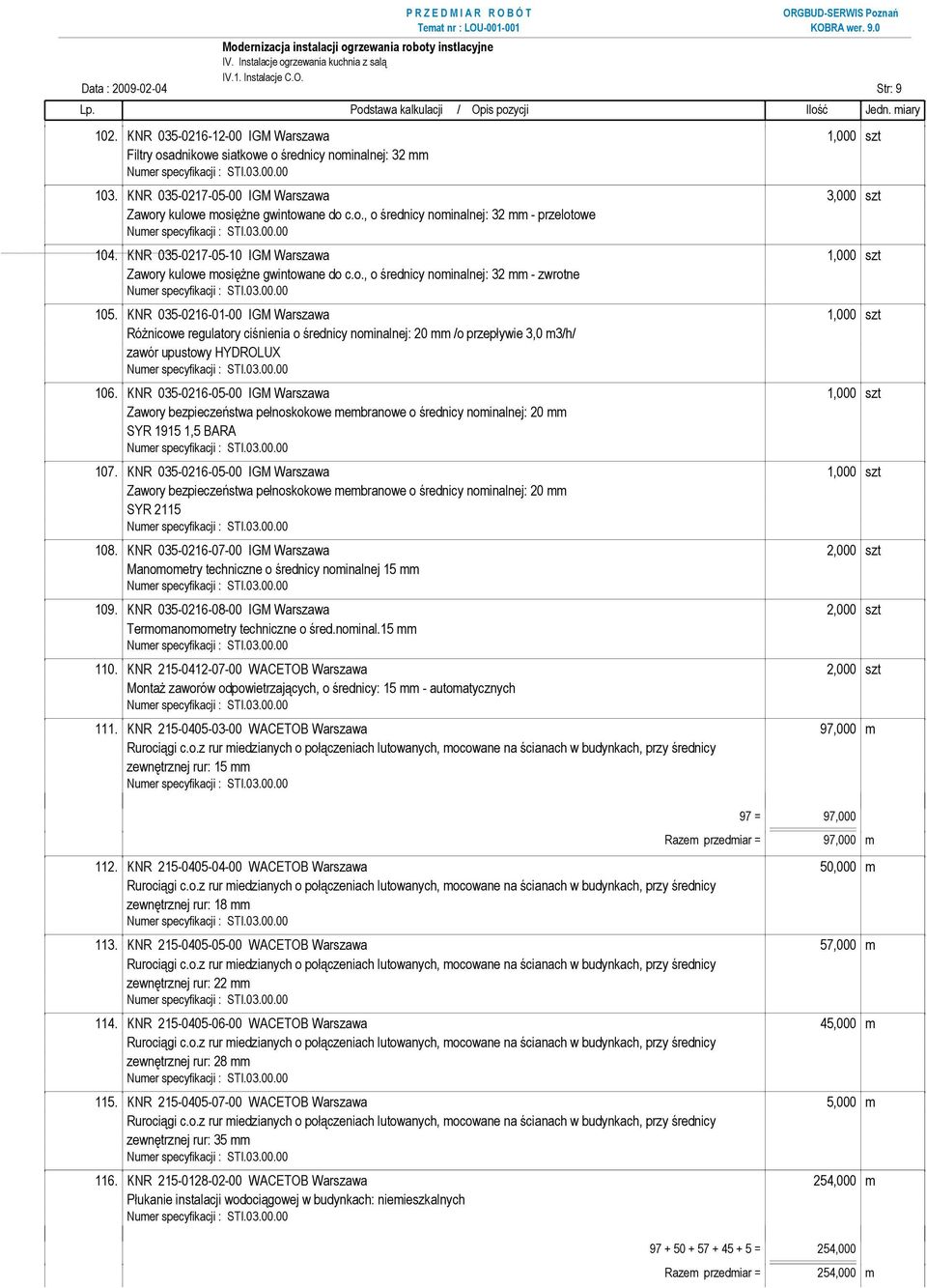 KNR 035-0217-05-10 IGM Warszawa 1,000 szt Zawory kulowe mosiężne gwintowane do c.o., o średnicy nominalnej: 32 mm - zwrotne 105.