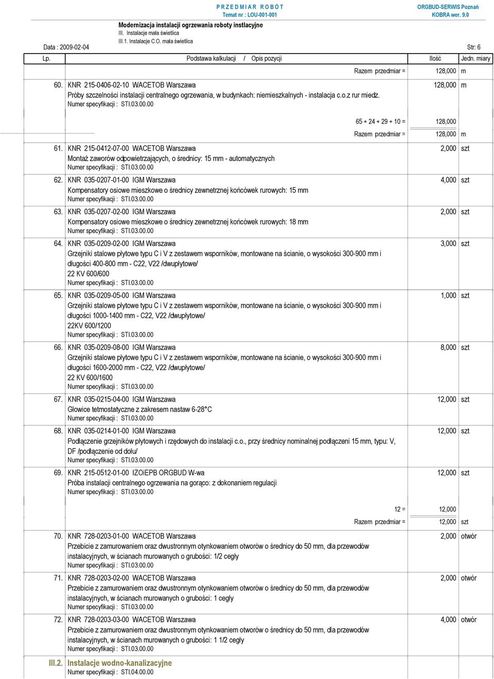 65 + 24 + 29 + 10 = 128,000 Razem przedmiar = 128,000 m 61. KNR 215-0412-07-00 WACETOB Warszawa 2,000 szt Montaż zaworów odpowietrzających, o średnicy: 15 mm - automatycznych 62.