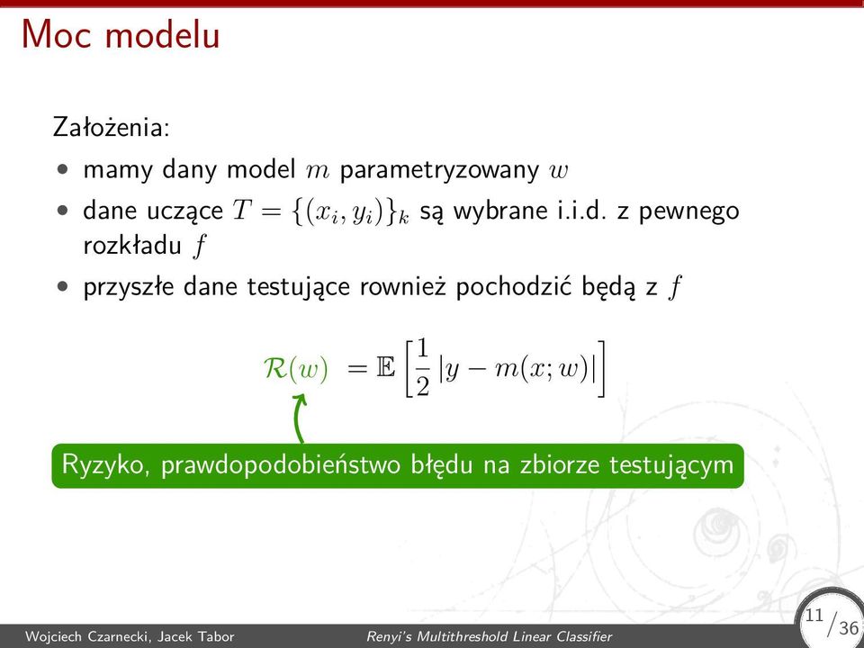 będą z f [ ] R(w) 1 = E 2 y m(x; w) Ryzyko, prawdopodobieństwo błędu na zbiorze