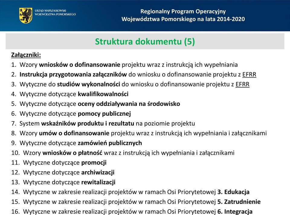 Wytyczne dotyczące pomocy publicznej 7. System wskaźników produktu i rezultatu na poziomie projektu 8. Wzory umów o dofinansowanie projektu wraz z instrukcją ich wypełniania i załącznikami 9.