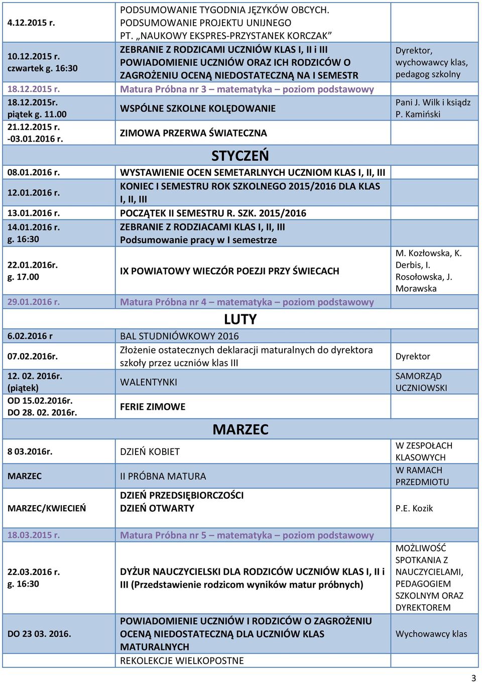 Matura Próbna nr 3 matematyka poziom podstawowy 18.12.2015r. piątek g. 11.00 WSPÓLNE SZKOLNE KOLĘDOWANIE 21.12.2015 r. -03.01.2016 r. ZIMOWA PRZERWA ŚWIATECZNA STYCZEŃ 08.01.2016 r. WYSTAWIENIE OCEN SEMETARLNYCH UCZNIOM KLAS I, II, III 12.