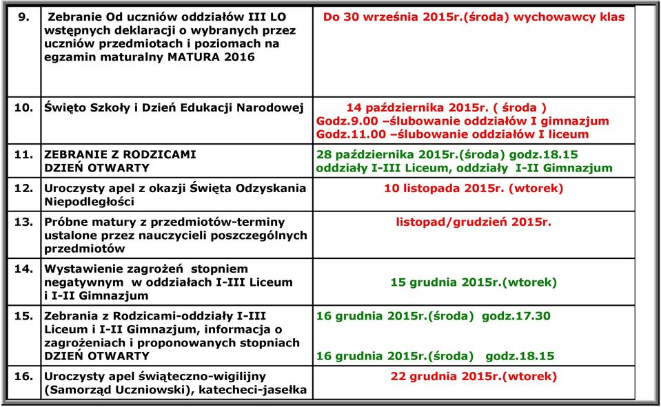 Uroczysty apel z okazji Święta Odzyskania Niepodległości 13. Próbne matury z przedmiotów-terminy ustalone przez nauczycieli poszczególnych przedmiotów 14.